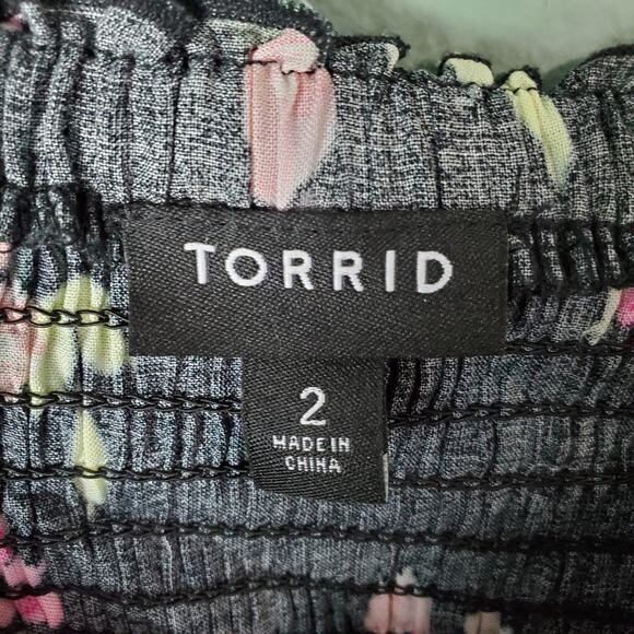 Torrid Womens Black Floral Print Challis Smocked Square Neck Midi Dress Size 2 - Picture 3 of 8